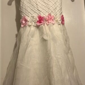 Rare Editions White Formal Dress with Pink Floral Waistband